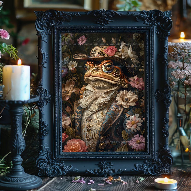 Frog Gentleman Wall Art Print, Victorian Toad In Top Hat, Floral Whimsical Animal Portrait, Dapper Cottagecore Decor, Dark Academia Gift P62 image 2