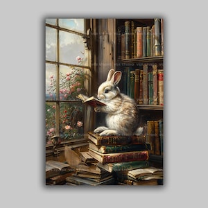 Rabbit Reading Book Victorian Abandoned Library Print, Bookish Whimsical Fine Art Giclee, Cultured Bunny Wall Art Hare Poster Watercolor r86