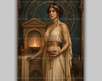 Hestia Art Print, Greek Goddess of the Hearth at Her Sacred Flame, Classical Temple Offering, Teal and Gold Mythology Decor AN27