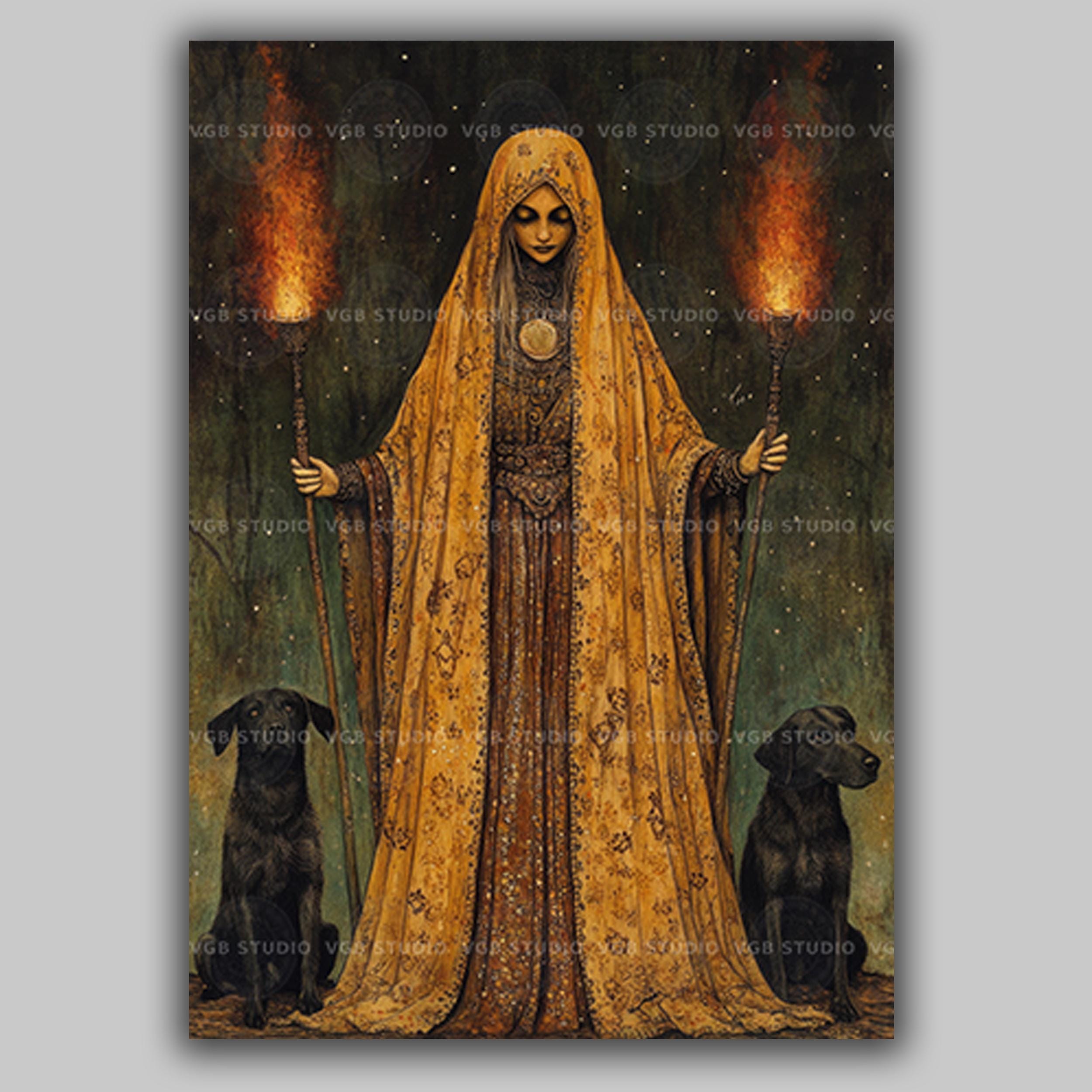 Hecate Goddess Art Print | Dark Goddess With Black Dogs Torches