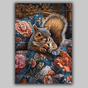 Squirrel On Floral Quilt Art Print Holding Acorn In Ornate Bedroom Cozy Animal Illustration With Flowers Vintage Cottagecore Decor y12