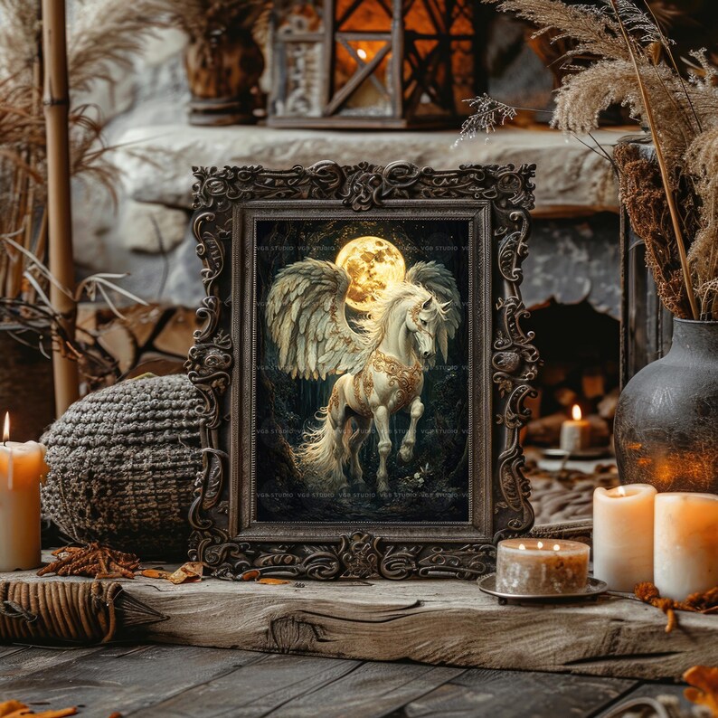 Pegasus Moonlight Art Print Greek Mythology Winged Horse Fantasy Artwork Celestial Creature Painting Mystical Night Sky Wall Decor AJ82 image 6