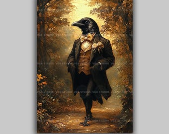 Gentleman Raven Art Print, Victorian Crow Portrait, Moody Dark Academia Gothic Wall Decor, Vintage Whimsical Corvid Bird Painting U01