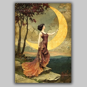 Crescent Moon Goddess Wall Art Nouveau Print Golden Moon Lady Celestial Decor Boho Mystical Woman Vintage Goddess Poster Inspirational AH91