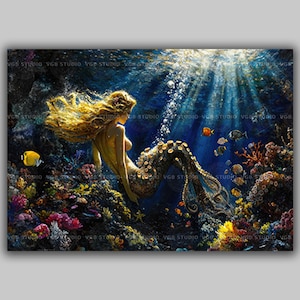 Octopus Mermaid Art Print Underwater Fantasy Decor Surreal Ocean Colorful Coral Reef Mythical Sea Creature Painting Whimsical Siren AD91