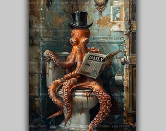 Steampunk-Oktopus-Wandbild, Gästetoilettenposter „Top Hat Daily News“, ausgefallene Wohndekoration, anthropomorphes Meereskreaturen-Gemälde AD49