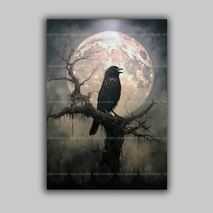 Edgar Allan Poe Raven Wall Art, Nevermore Crow Moon Print, Gothic Halloween Poster, Macabre Night Sky Painting, Spooky Corvid Home Decor H61 image 1