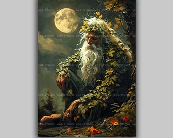 Celtic Druid Wall Art Print, Ancient Forest Sage, Pagan Elder Portrait Moonlit Green Man Artwork, Druidry Decor Mystical Nature Painting q30