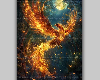 Phoenix Wall Art Print, Fiery Firebird Painting, Mythical Bird Fantasy Decor, Full Moon Forest Poster, Rebirth Spiritual Artwork AJ88
