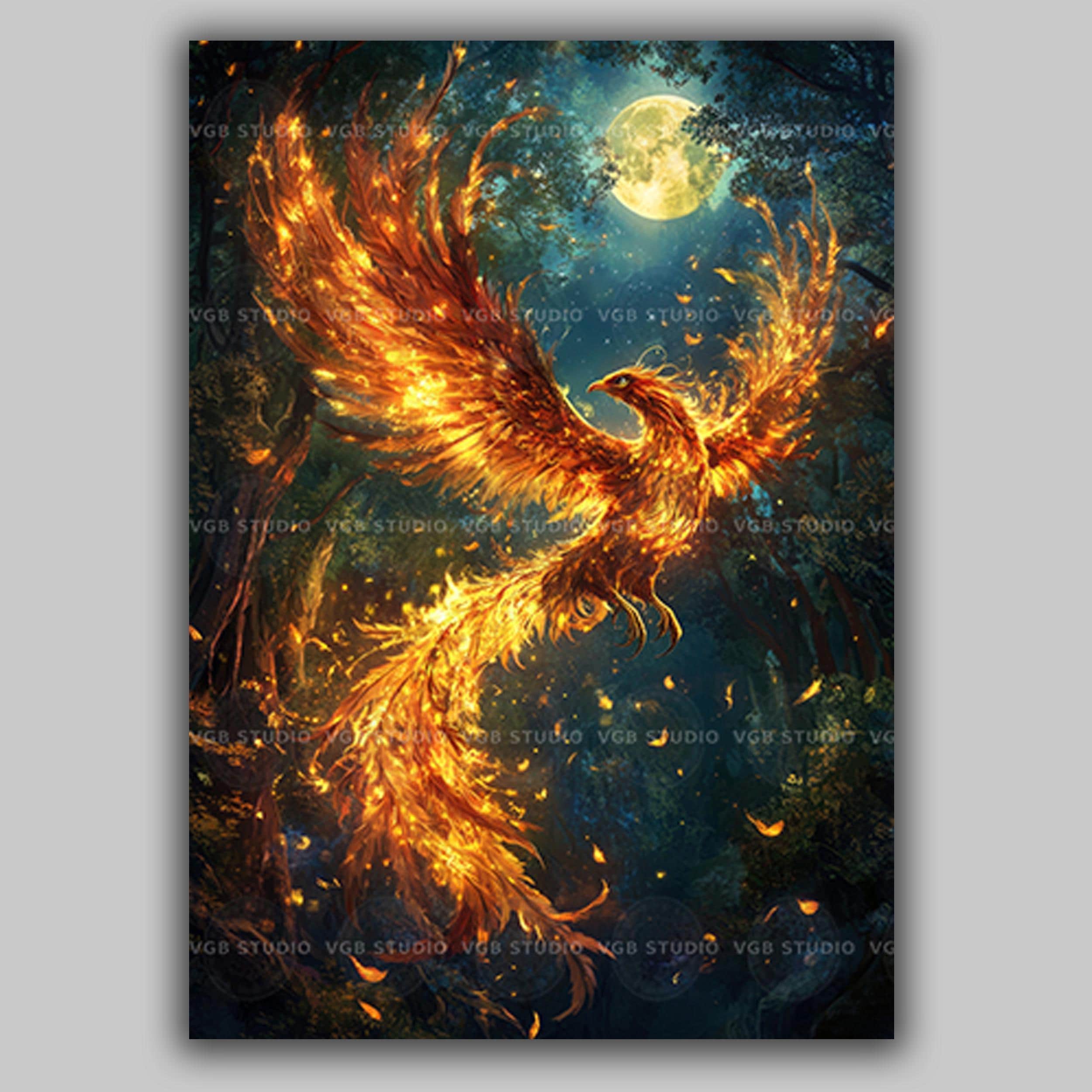Phoenix Wall Art Print, Rebirth Symbol, Enchanted Forest