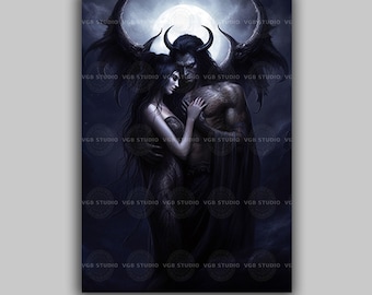 Demon Lover Art Print, Winged Horned Monster Embracing a Woman Under the Moon, Dark Romantasy Gothic Fantasy Couple Wall Decor J55