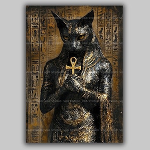 Op de afbeelding: Digitale kunstprint van een zwart kattenbeeld met gouden accenten, met een gouden ankh-symbool. De kat is afgebeeld in Egyptische stijl, met hiërogliefen op de achtergrond. Het kunstwerk heeft een textuur.