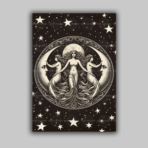 Hecate Triple Moon Goddess Art Print Pagan Witch Symbolism Celestial Wiccan Decor Dark Feminine Wall Illustration for Altar or Ritual H74