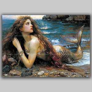 Mermaid Wall Art Print Romantic Ocean Fantasy Decor Golden Tail Siren Illustration Nautical Beach Goddess Painting Mythical Sea Maiden M45