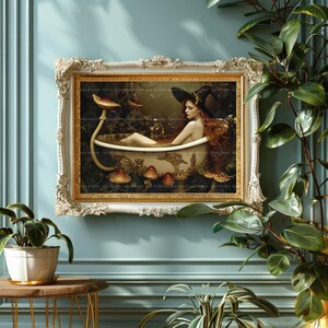 Witch Bathtub Art Print, Redhead Among Giant Toadstools, Sepia Surreal Mushroom Forest, Horizontal Powder Room Decor q12 image 8