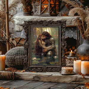 Muurdecoratie met ridder en jonkvrouw, fantasyromantiek, Arthurlegende, middeleeuwse kunst, decoratie met waterlelies, Dark Academia, sprookjesachtige cadeaus ad70T afbeelding 7
