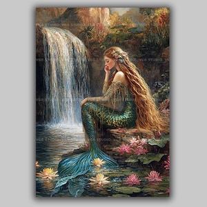 Ethereal Mermaid Waterfall Nymph Fantasy Painting, Mythological Romantic Siren Enchanted Lagoon, Dreamy Fairytale Mystic Aquatic Muse AD24