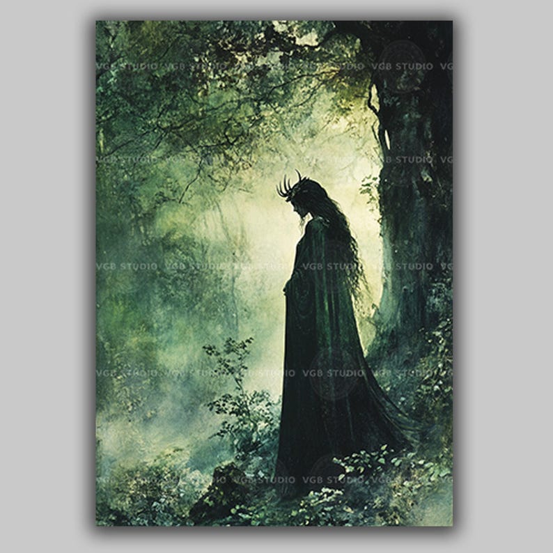 Sadhbh Irish Mythology Art Print, Antlered Deer Woman Silhouette in a Misty Green Forest, Cloaked Celtic Folklore Woodland Wall Decor w58 image 1