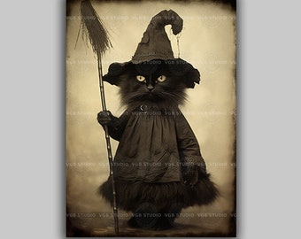 Witch Black Cat Art Print Vintage Halloween Feline Witch Decor Sepia Gothic Pet Portrait Whimsical Animal Wall Art Witchy Home Gift E74