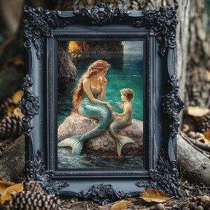 Mermaid Mother Child Art Print Ocean Fantasy Decor Sea Family Painting Whimsical Wall Poster Storybook Illustration Coastal Home Beach AC15 image 6