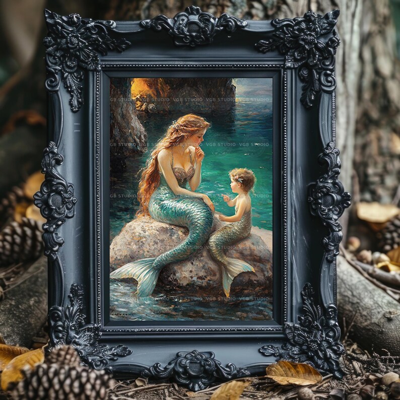 Mermaid Mother Child Art Print Ocean Fantasy Decor Sea Family Painting Whimsical Wall Poster Storybook Illustration Coastal Home Beach AC15 image 6