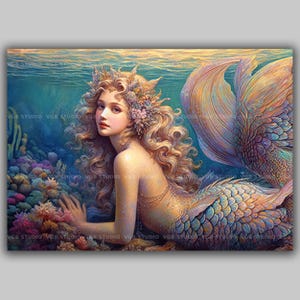 Mermaid Art Print Fantasy Ocean Decor Sea Goddess Wall Art Coastal Fairycore Nautical Siren Unique Painting Whimsical Beach House Art J13