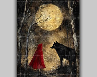 Caperucita Roja y el Lobo - Lámina Giclée, Arte de Cuento de Hadas Oscuro, Escena de Bosque Encantado, Decoración de Pared de Fantasía Mística a la Luz de la Luna w70