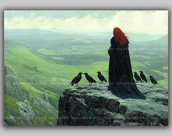 The Morrigan Art Print, Celtic Goddess Wall Art, Irish Mythology, Raven Queen, Pagan Decor, Horizontal Wall Art aa38