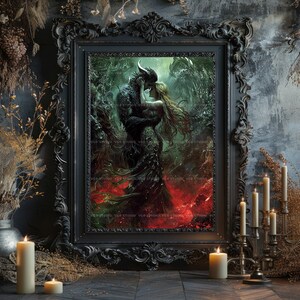 Romantasy Wall Art Print, Demon Prince and Mortal Woman Embrace, Underworld Hellscape, Dark Fantasy Book Lover Decor w91 image 6