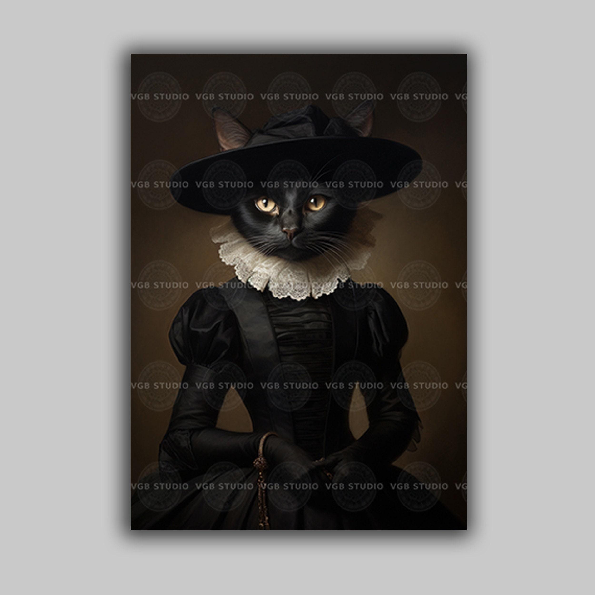 黒猫魔女アートプリント、ルネッサンス猫肖像画、ゴシックダーク