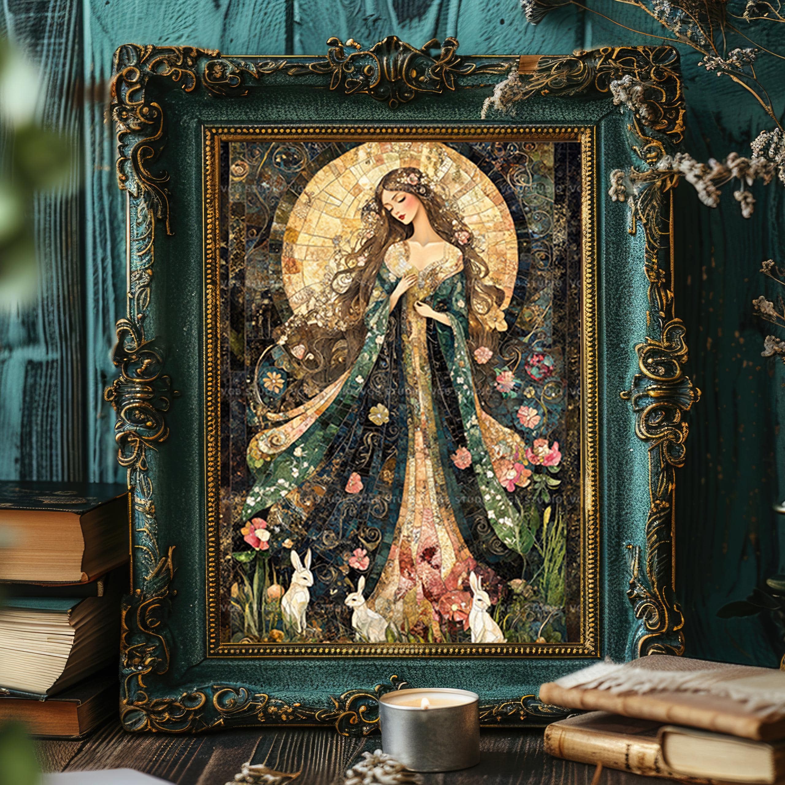 Spring Folklore Ostara Art Print | Spring Goddess With Rabbits Flowers Mosaic Style ...