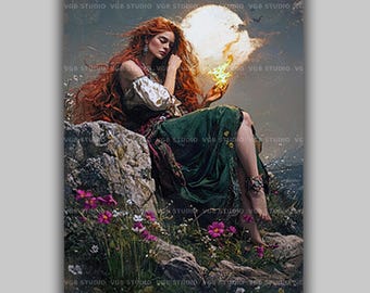 Brigid Celtic Goddess Art Print, Red Haired Fire Keeper Barefoot on a Rock with Pink Wildflowers, Irish Imbolc Pagan Altar Decor AE70