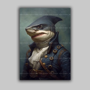 Hai Als Marineoffizier Verkleidet Kunstdruck In Vintage Portrait Stil Lustiges Wassertier H83