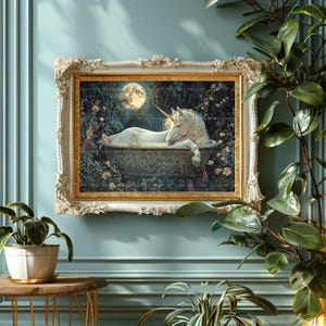 Eenhoorn bad muur kunst print, maanverlichte tuin badkamer decor fantasie paard poster Cottagecore gotische bloemen cadeau horizontale magische scène ac32 afbeelding 8