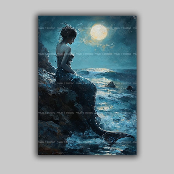 絵画　人魚　海 人魚のアートプリント、月明かりに照らされたセイレーンの海景、ダーク