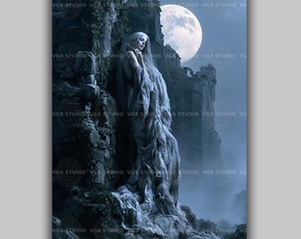 Banshee Art Print, Irish Folklore Ghost Woman Combing Hair, Gothic Castle Ruins Full Moon, Celtic Death Omen Decor AN23