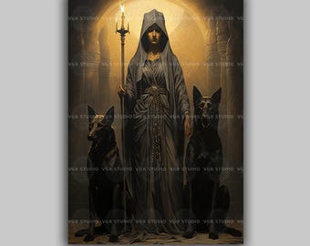 Hooded Hecate Art Print, Greek Goddess of Witchcraft with Two Black Dogs, Lit Staff in a Grey and Gold Temple, Occult Altar Decor H19