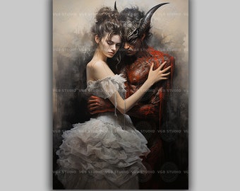 Gothic Paar Kunstdruck Horror Romantik Dekor dunkel Hochzeitsgeschenk Alternative Ästhetik Fantasy Liebe Kunstwerk Moody Gothic Teufel Wandkunst K28