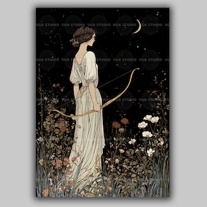 Artemis Goddess Art Print Greek Moon Deity with Bow Art Nouveau Huntress Decor Pagan Wall Art Celestial Feminine Mythology Fantasy AG49