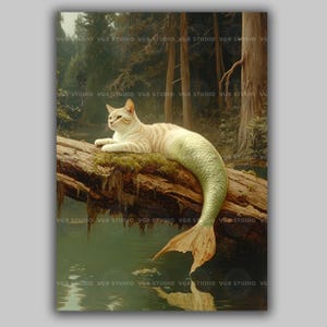 Mermaid Cat Art Print Whimsical Catfish Fantasy Animal Surreal Decor Woodland Watercolor Wall Art Cute Gift Cat Lover Unique Feline Art AF14