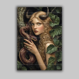 Lilith with Snake Art Print Horned Goddess Dark Feminine Forest Portrait Mystical Woman Wall Decor Pagan Occult Serpent Witch Artwork t53