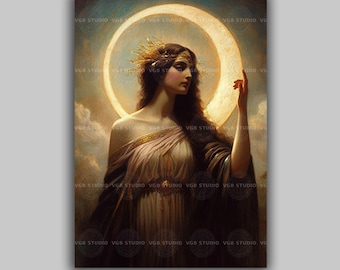 Selene Greek Moon Goddess Wall Art Print Lunar Halo Celestial Portrait Goddess Decor Full Moon Spiritual Gift Dark Academia Mythology J63