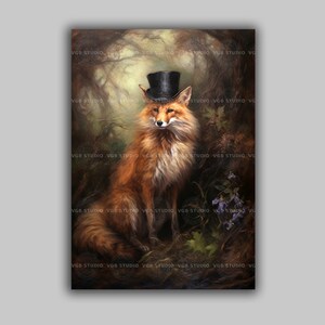 Quadro decorativo de raposa de cartola, retrato lúdico de animal da floresta, decoração vintage para cavalheiros, estilo cottagecore, presente rústico para amantes de raposas J45