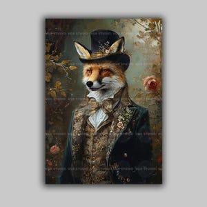 Victorian Fox Art Print Dapper Fox Portrait Gentleman Animal Wall Decor Fox Suit Floral Top Hat Whimsical Animal Art Vintage Style k75