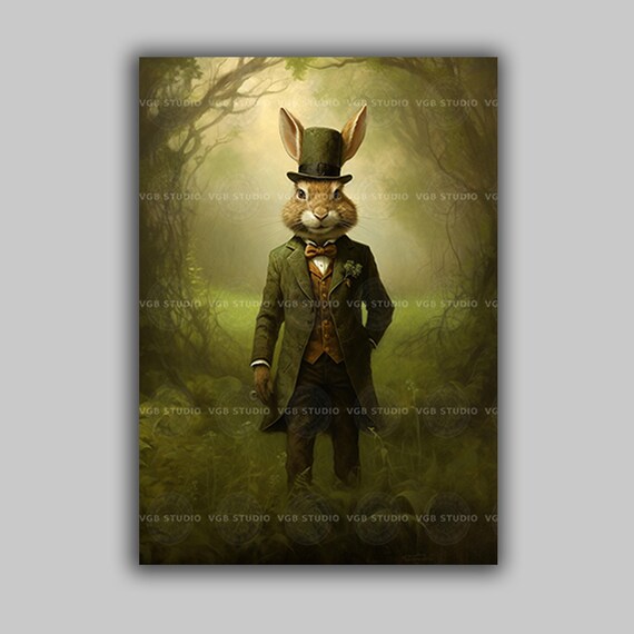 Vintage Rabbit Art Print Victorian Hare Poster Alice in Wonderland Decor Nursery Animal Wall Art St Patricks Day Decor Irish Gentleman J33