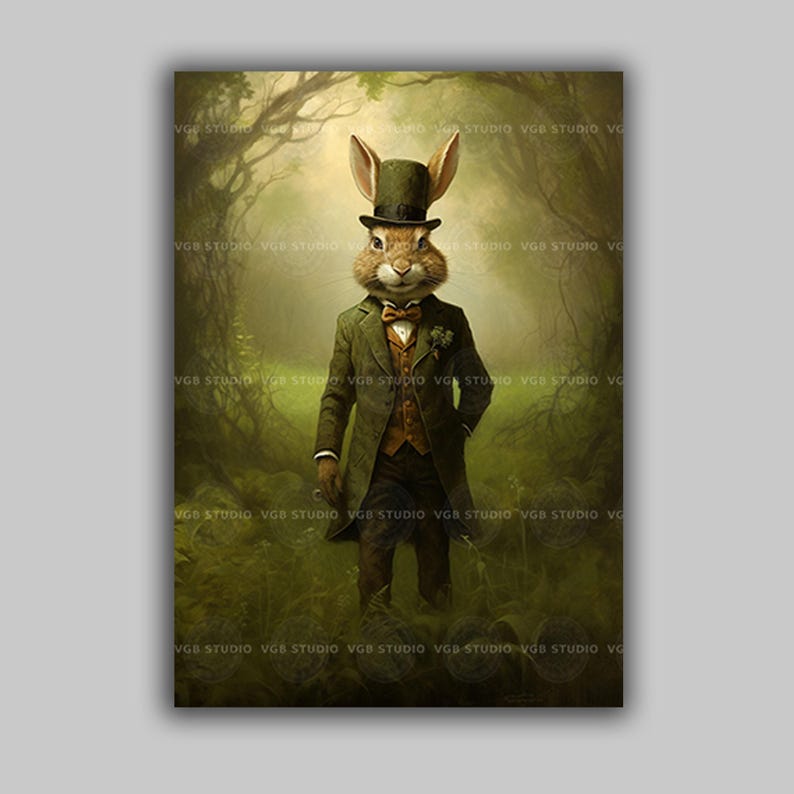 Impresión artística de conejo vintage, póster de liebre victoriana, decoración de Alicia en el País de las Maravillas, arte de pared de animales para guardería, decoración del Día de San Patricio, caballero irlandés J33 imagen 1
