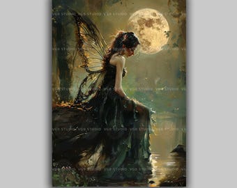 Gothic Fairy Dark Forest Full Moon Celtic Lore, Irish Myth Fantasy Poster Print, Gaelic Legend Wall Decor, Mythical Winged Woman Art q39