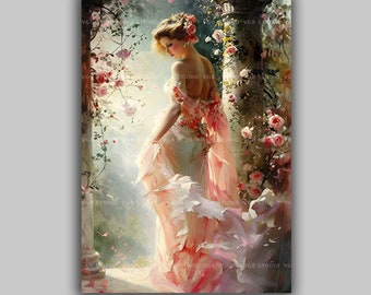 絵画 。壁掛け絵【神聖なヨーロッパの荘園でバラの花を楽しむ少女と魅力的な黒猫】 rose garden（F8号）個人蔵 | 三嶋佳乃（Kano Mishima） ｜インテリア