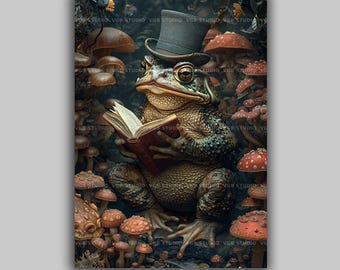 Frog Reading Wall Art Print, Bookish Gifts, Dark Cottagecore, Enchanted Forest, Storybook Illustration, Library Decor, Victorian Animal R88
