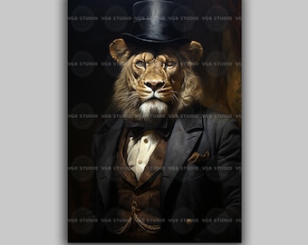 Victorian Lion Wall Art Print, Gentleman Animal Portrait with Top Hat, Dressed Jungle King Decor Dark Academia Office Library Maximalist L74